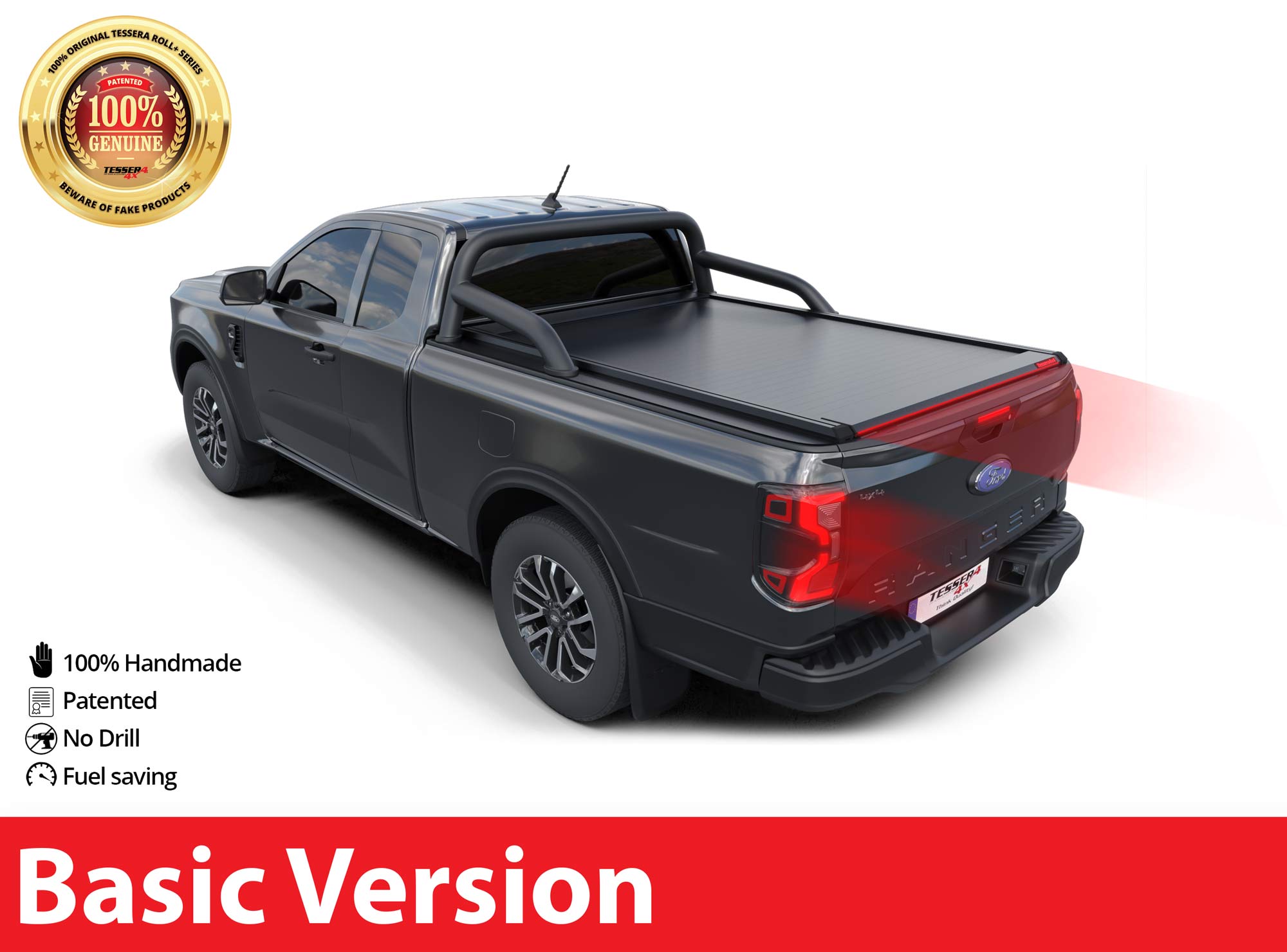 Tessera Roll+ Laderaumabdeckung Rollverdeck "Basic" manuell für FORD Ranger T6.2 P703 2023+ Extrakabine mit OEM Überrollbügel TESS 14070 ROLL black matt