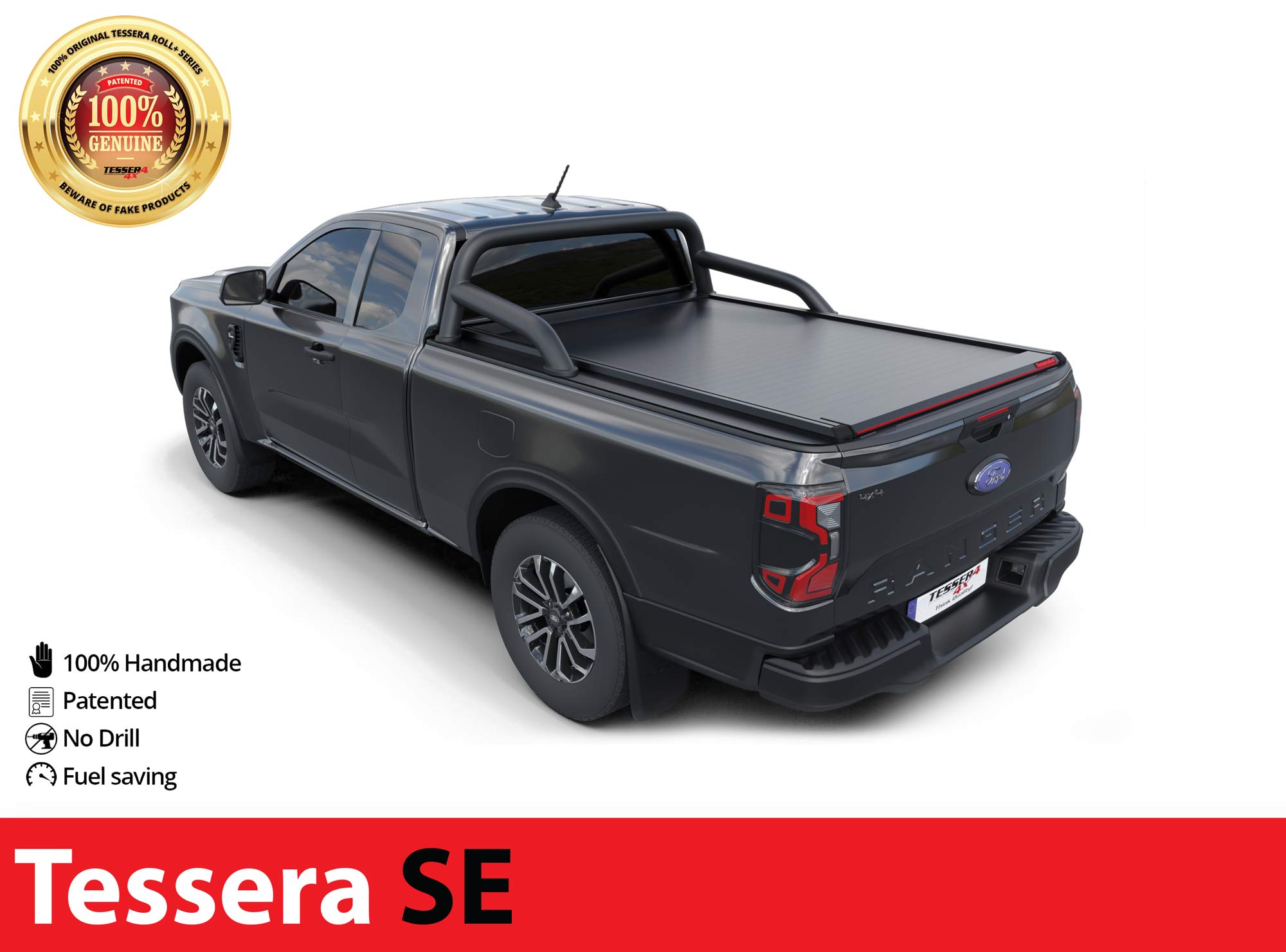 Laderaumabdeckung Rollverdeck Tessera SE manuell für FORD Ranger T6.2 P703 2023+ Extrakabine mit OEM Überrollbügel D/C TESS 15070 ROLL black matt