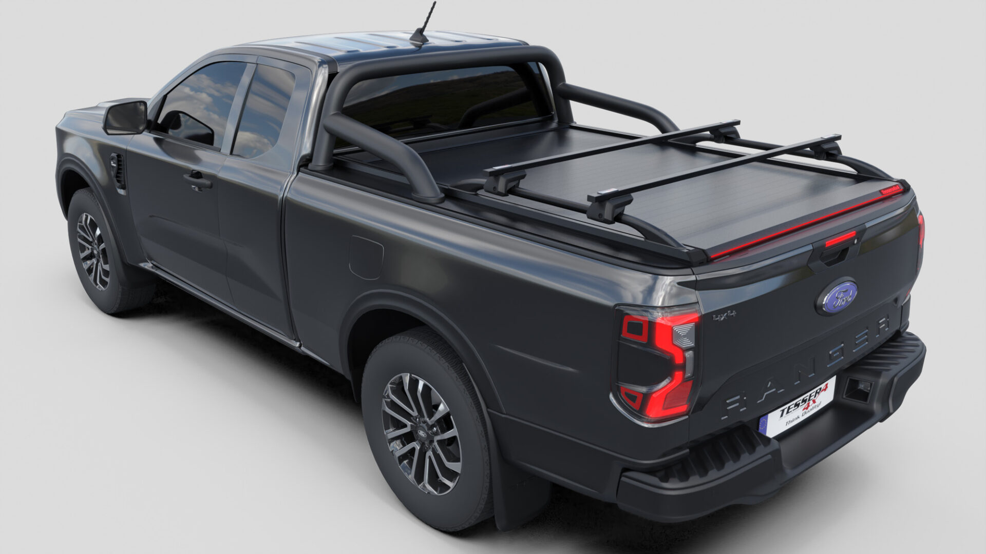 Tessera Roll+ Laderaumabdeckung Rollverdeck "Basic" manuell für FORD Ranger T6.2 P703 2023+ Extrakabine mit OEM Überrollbügel TESS 14070 ROLL black matt