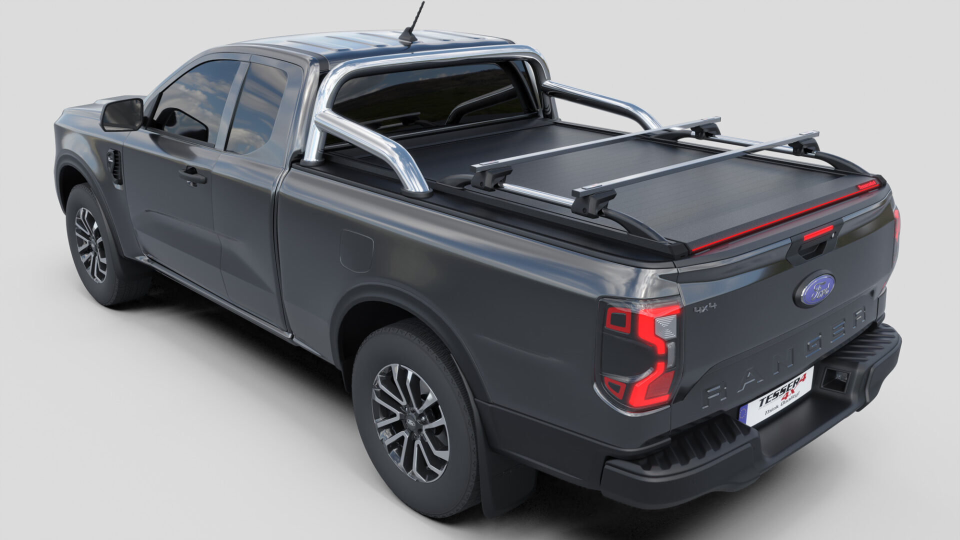 Tessera Roll+ Laderaumabdeckung Rollverdeck "Basic" manuell für FORD Ranger T6.2 P703 2023+ Extrakabine mit OEM Überrollbügel TESS 14070 ROLL black matt