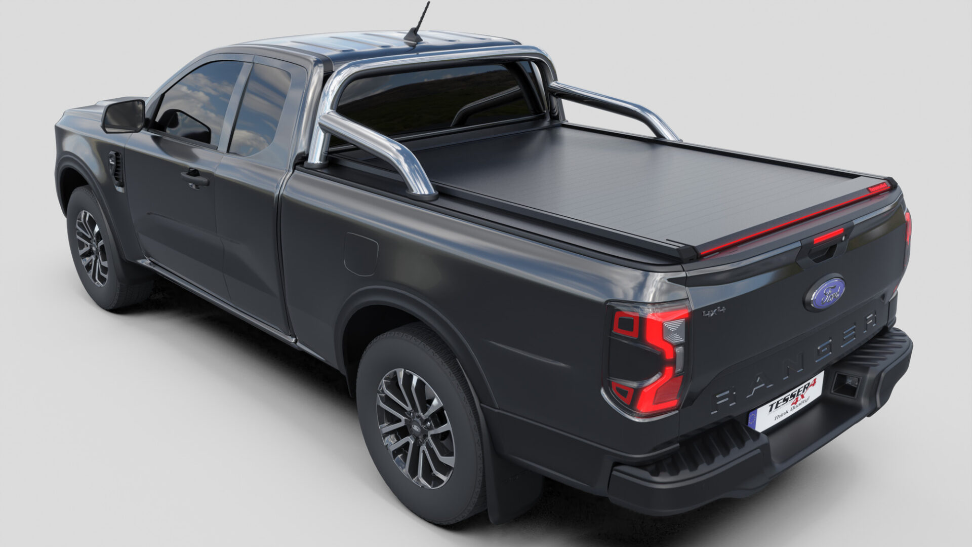 Tessera Roll+ Laderaumabdeckung Rollverdeck "Basic" manuell für FORD Ranger T6.2 P703 2023+ Extrakabine mit OEM Überrollbügel TESS 14070 ROLL black matt