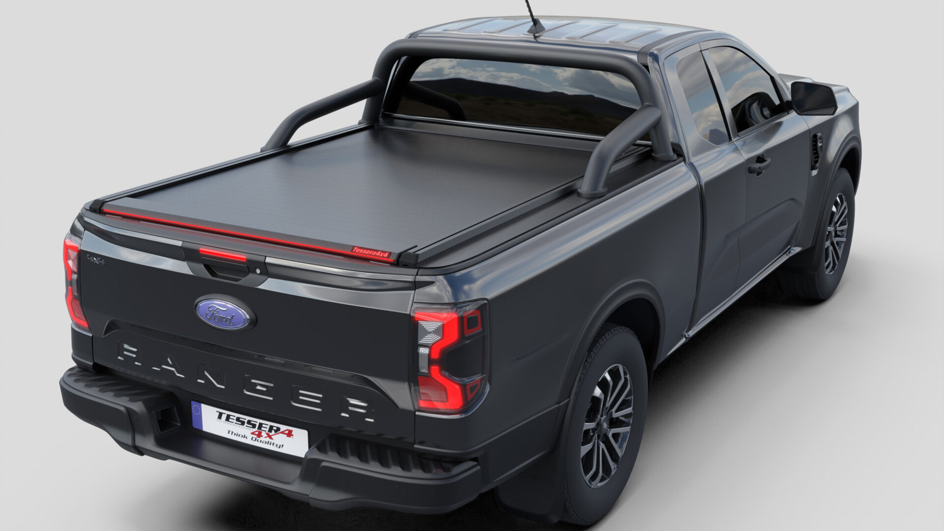 Tessera Roll+ Laderaumabdeckung Rollverdeck "Basic" manuell für FORD Ranger T6.2 P703 2023+ Extrakabine mit OEM Überrollbügel TESS 14070 ROLL black matt