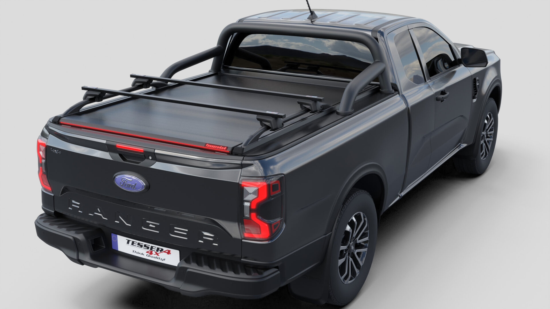 Tessera Roll+ Laderaumabdeckung Rollverdeck "Basic" manuell für FORD Ranger T6.2 P703 2023+ Extrakabine mit OEM Überrollbügel TESS 14070 ROLL black matt