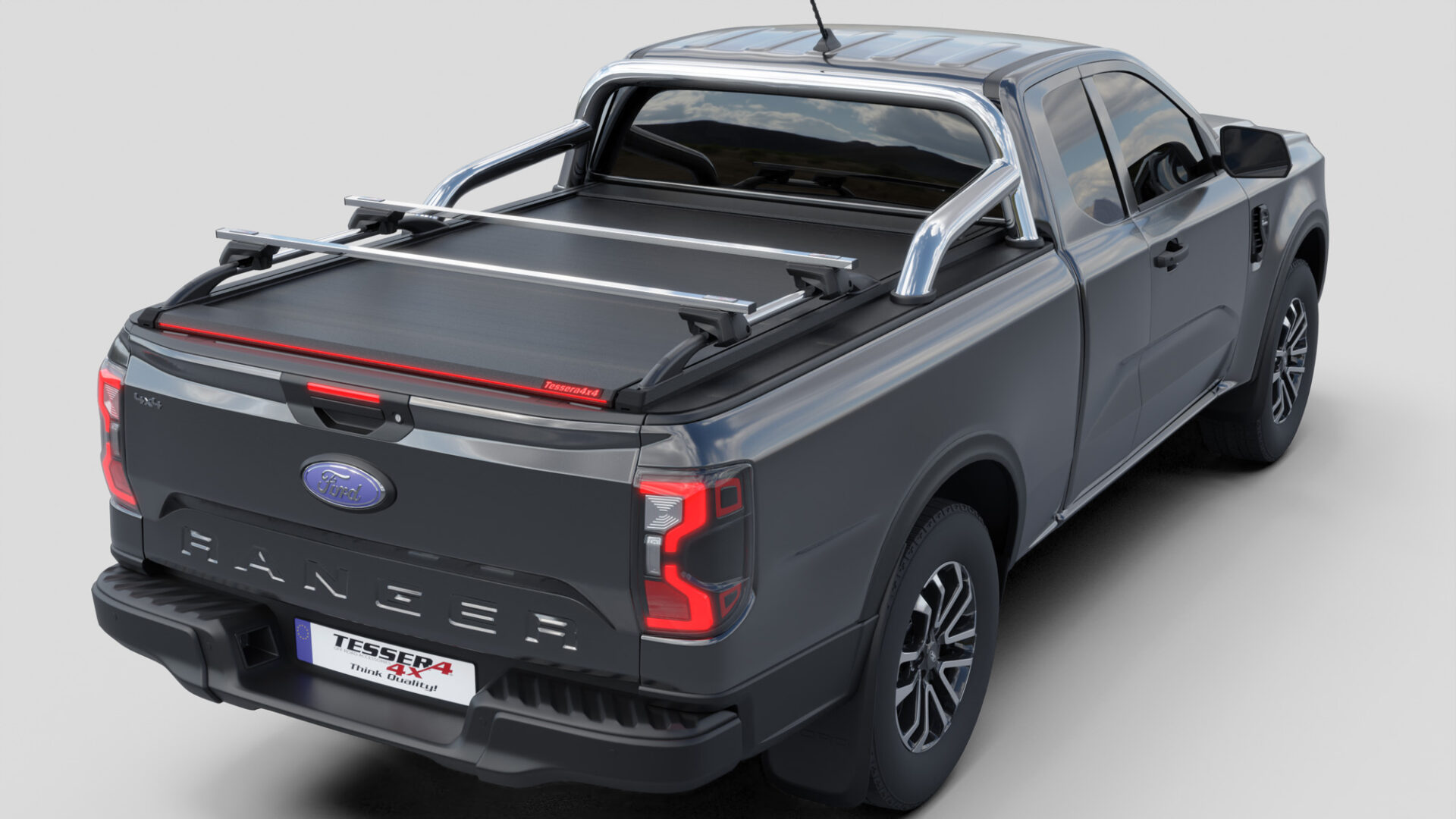 Tessera Roll+ Laderaumabdeckung Rollverdeck "Basic" manuell für FORD Ranger T6.2 P703 2023+ Extrakabine mit OEM Überrollbügel TESS 14070 ROLL black matt