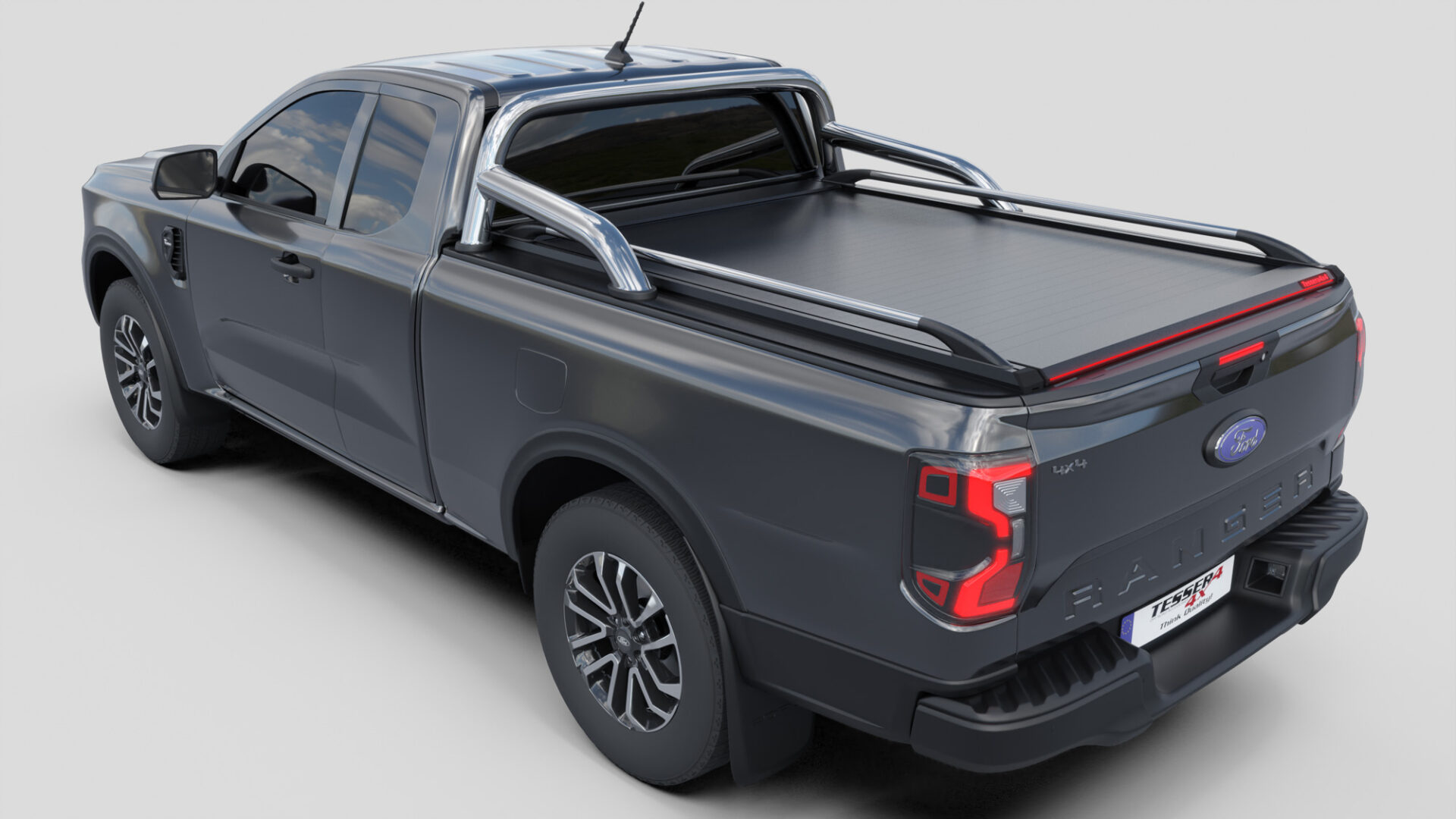 Tessera Roll+ Laderaumabdeckung Rollverdeck "Basic" manuell für FORD Ranger T6.2 P703 2023+ Extrakabine mit OEM Überrollbügel TESS 14070 ROLL black matt